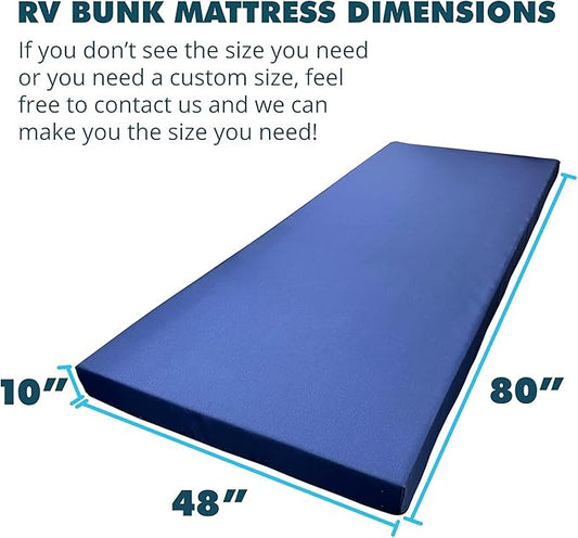 Foamma 10” x 48” x 80” Water Resistant Memory Foam RV Bunk Mattress, Firm High Density Foam Base, Comfortable and Durable Polyester Cover, Truck, Camper, Travel Trailer, Made in USA
