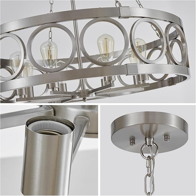 XINGQI 32.3" Large Drum Chandelier Modern Brushed Nickel 8-Light Rustic Farmhouse Round Pendant Lighting Fixture for Dining Room Living Room Office Kitchen Island