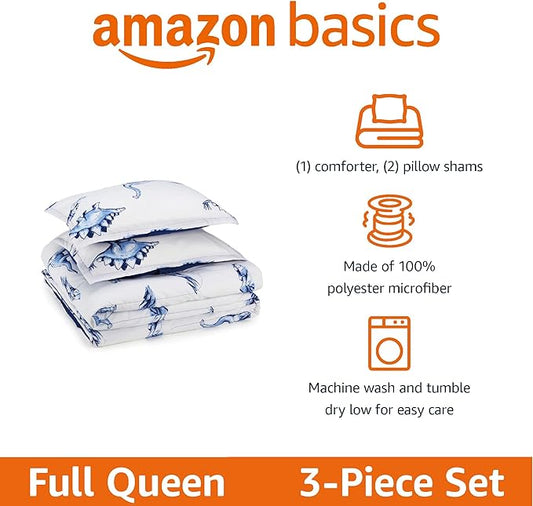 Amazon Basics 3-Piece Microfiber Kids' All Season Comforter and Pillow Sham Set, Full/Queen, Dinosaurs, Animal Print