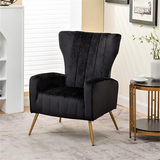 Modern Velvet Accent Chair, Channel Tufted Bedroom, Office or Living Room Furniture with Elegant Metal Legs, 26" Wide Armchair, Black