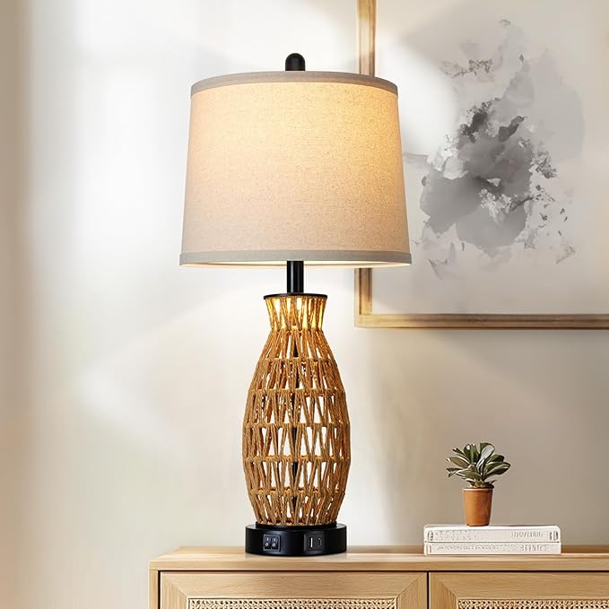 27" Boho Rattan Table Lamp Single with Night Light, Handwoven Wicker Bedside Lamp with USB A+C Charging Port, Woven Coastal Bedroom Lamps for Night stand, Beach Living Room Lamps for End Table