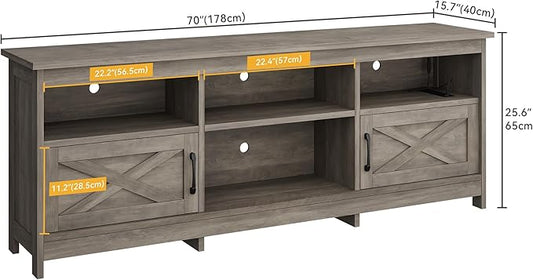 DWVO Farmhouse TV Stand with Power Outlets & LED Lights, Entertainment Center for TVs up to 80", TV Console with Storage Cabinets & Open Shelves for Living Room (Washed Grey)