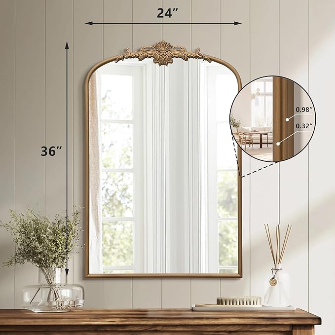 Besdomus Antique Gold Arched Mirror: 24"x36" Large Arch Gold Vintage Wall Mounted Mirror - Traditional Ornate Home Decor for Entryway/Fireplace/Bathroom/Bedroom - Idea for Fashion-Conscious
