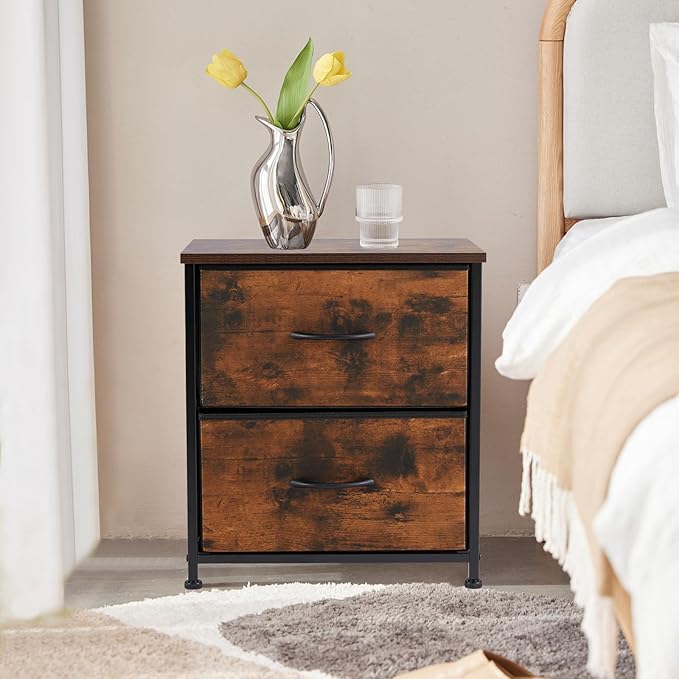 NEWBULIG Nightstand with 2 Fabric Drawers Small Dresser 25 Inch Tall Bedside Table End Table Storage Furniture for Bedroom Closet Entryway College Dorm Brown