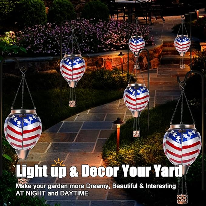 Hot Air Balloon Solar Lantern - U.S Flag Patriotic Glass Lantern, Simulated Flickering Dancing Flame, Outdoor Hanging Yard Light Waterproof IP65, Ideal 4th of July Gift for Patriot Patio Decor