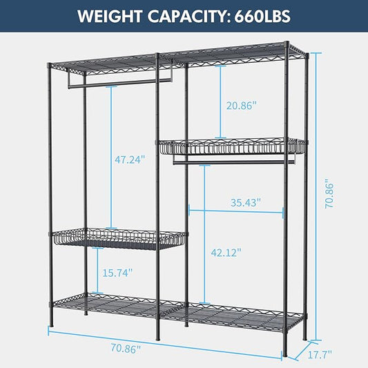 70 inch Heavy Duty Portable Closet Rack with Baskets, Steel Armoire Closet System, Clothing Organizer for Bedroom