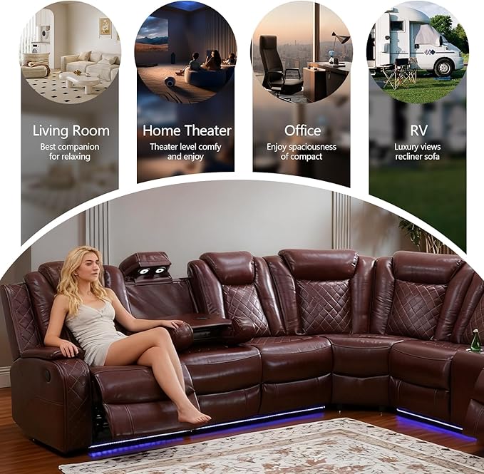 Power Leather Recliner Sectional Sofa with LED Light,L Shaped Reclining Couch with USB Charger/Cup Holder/Storage,Leather Sofa for Living Room/Home Theater(Burgundy,Sectional+3 Seats)