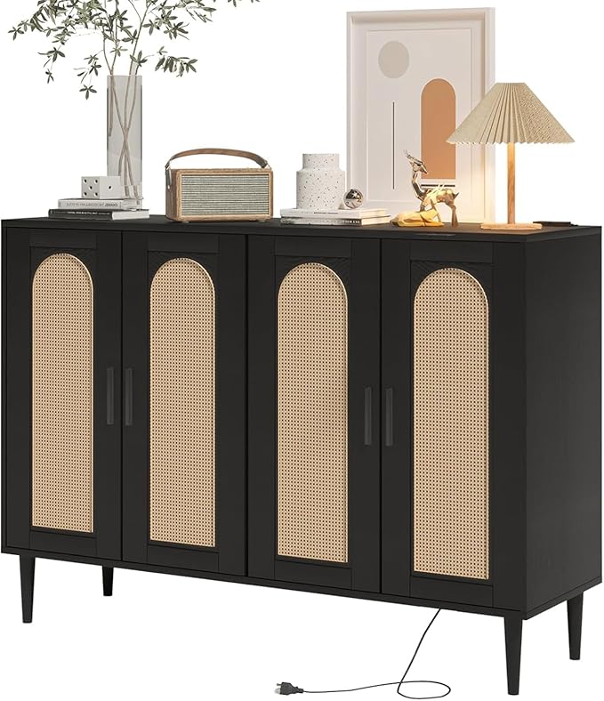 Rattan Sideboard Buffet Cabinet, Boho Accent Storage Cabinet, 4 Doors Console Table Coffee Bar with Power Outlet, Adjustable Shelves for Kitchen, Dining Room, Hallway, Living Room