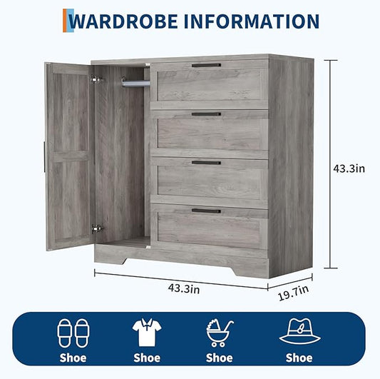 IDEALHOUSE 43.3'' H Armoire Wardrobe Closet with 4 Drawers and Hanging Rod, Multifunctional Wood 4 Drawers Dresser with Storage Closet, Clothing Storage Cabinets for Bedroom, Gray