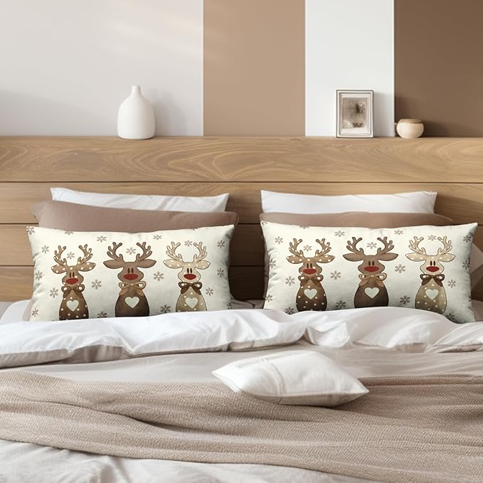 Christmas Reindeer Snowflakes Lumbar Throw Pillow Covers 12x20 Set of 2 Xmas Polka Dot Love Heart Bow Cute Brown Elk Deer Rectangle Pillow Cases Winter Holiday Decor for Home Couch