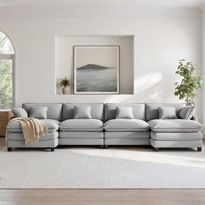 KISLOT 157" Oversized Modular Sectional Sofa,U-Shaped Cloud Couch with Movable Ottoman,Thick Cushions,6 Deep Seats with 6 Throw Pillows Sofa Couch Set for Living Room, Bedroom | Wood Frame