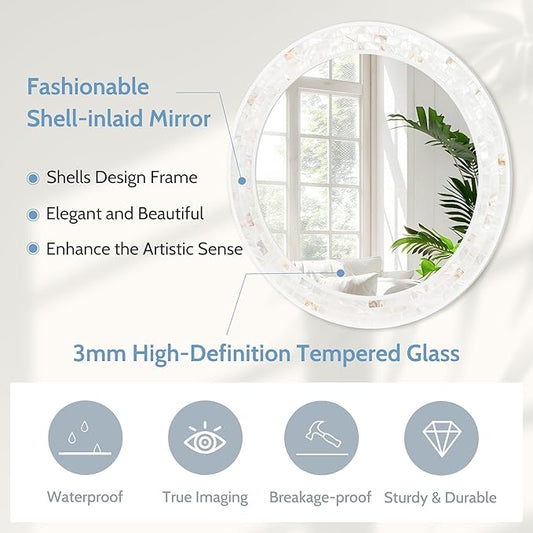 Tanmicoshomy 36 Inch Large Round Mirror, Natural Shell Inlay Framed Large Circle Mirrors with Shatterproof Glass for Bathroom Bedroom Living Room or Entryway (White)