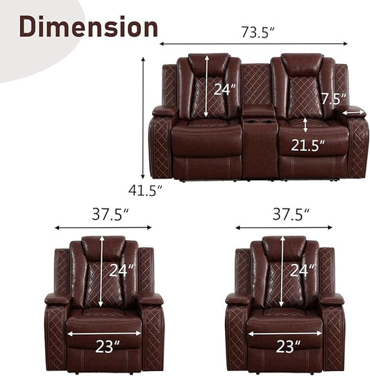 Power Recliner Sofa Set, Air Leather Reclining Couch with LED, Reclining Living Room Sofa and Loveseat Chair for House/Apartment/Office (Burgundy, LOVESEAT+2 Chairs)
