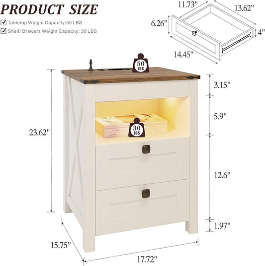 Night Stand Set 2 with Gun Drawer, Farmhouse Bedside Table with Charging Station, Gun Nightstand with LED Light & Human Sensor, Smart End Table for Bedroom, Antique White