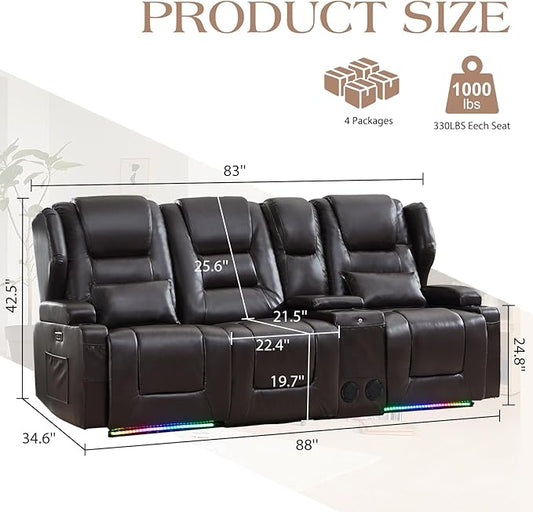 Oprisen 3-Seater Power Recliner Sofa Couch Flip Middle Backrest Reclining Sofa Chair for Living Room with Multi-Function Console/Cup Holders/LED Ambient Light