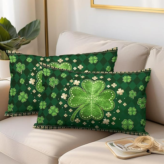 St Patricks Day Shamrock Lumbar Throw Pillow Covers 12x20 Set of 2 Green Buffalo Plaid Check Lucky Clovers Outdoor Decorative Pillow Covers Spring Rustic Pillow Cases for Farmhouse Living Room Decor