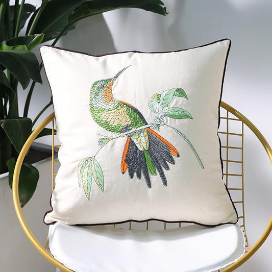 Set of 2 Embroidered Decorative Throw Pillow Covers Couch Square Pillowcases Cushion for Bedroom Sofa Farmhouse Decor 18x18 Inch (Hummingbird)