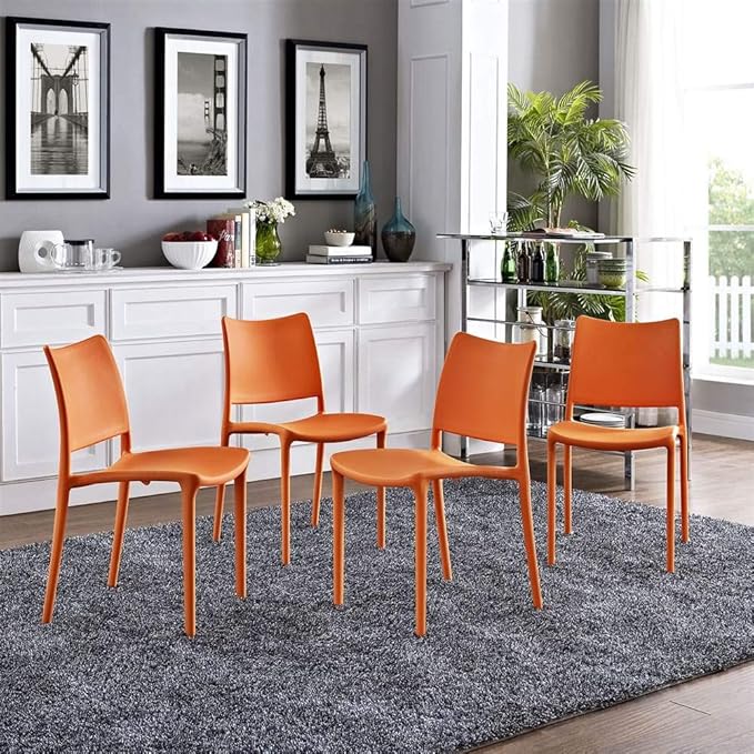 Modway Hipster Contemporary Modern Molded Plastic Stacking Four Dining Chairs in Orange