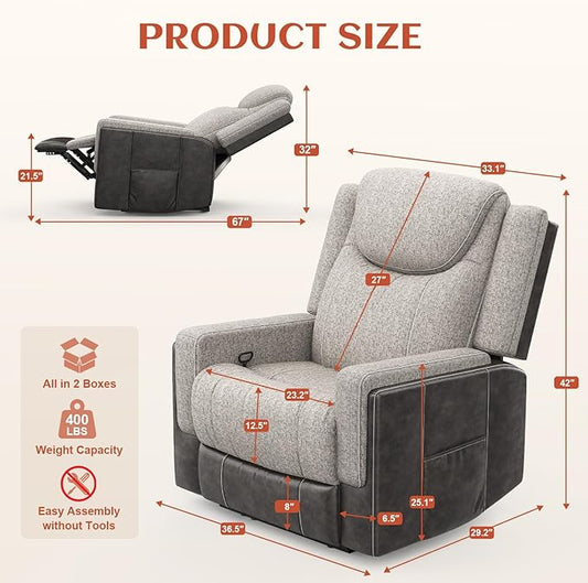 Dresegmt Oversize Manual Recliner Chair for Adults, Extra Wide Single Reclining Sofa Chair with Ergonomic, FSC Certified, Grey Linen-Blend & Chocolate Leather Scandinavian Chic for Living Room, RV