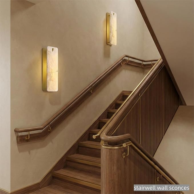 Modern Rectangular Alabaster Wall Sconce 16 Inch, Natural Spanish Stone Vanity Light Fixture, Brass Gold Dimmable Hardwired E12, Luxury Sconces for Bathroom Mirror Bedroom Bedside Corridor Home Decor