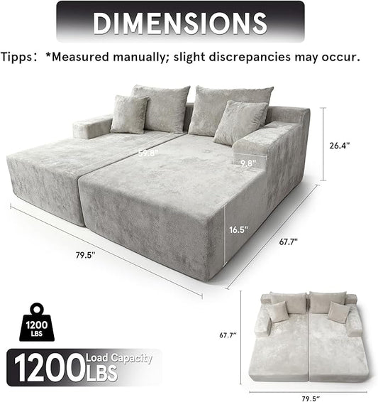 SYTOPIA Loveseat Chaise Lounge with Armrests, Oversized Sofa Bed with 4 Pillows, Cozy Boneless Sleeper, Modular Sectional Couch for Living Room Bedroom, Floor Chair Furniture sala Chenille, Urban Grey