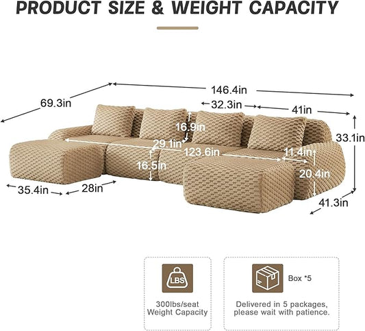 KEIKI 146" Oversized 4-Seater Boneless Couches for Living Room, Extra Deep Modular Sectional Velvet Sofa U-Shaped, Cloud Seating No Assembly Lounge Couch for Home, Modern Comfort Design, Light Camel