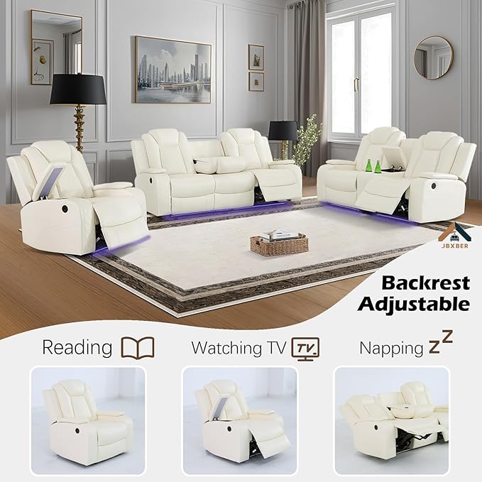 Power Recliner Sofa Set for Living Room, Leather Reclining Sofa Sets with Storage Console, Living Room Furniture Sets with LED Lights(Loveseat,Creamy)