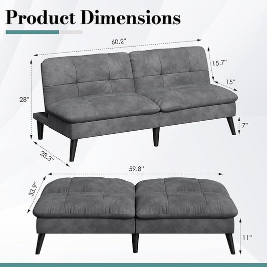 Shintenchi Convertible Futon Sofa Bed, Folding Velevt Set with Adjustable Backrest Recliner Lounge for Living Room, Apartment or Office, Solid Wood Frame, 3-Seater Sofa, Light Grey