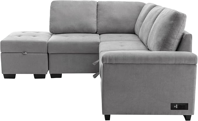 Merax Sofa Bed Sleeper Couch L Shaped Sofa with Storage Ottoman, L-Shape Sectional Couch with Comfortable backrest for Living Room and Small Apartment (Gray)