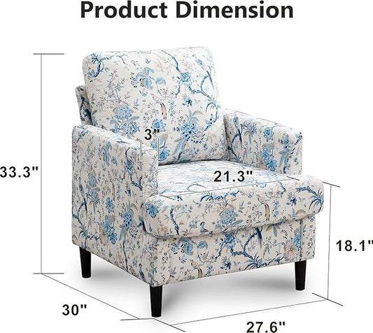 Mid-Century Accent Chair,Modern Linen Fabric Armchair for Living Room,Comfy Upholstered Reading Accent Chairs for Bedroom,Single Sofa Chair with Wood Legs (Blue Flowered Bird, 2 Pack)