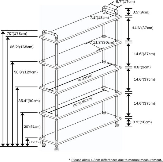 Industrial Bookshelf, 5-Tier Pipe Shelf, Wall Mounted Bookcase for Home and Office (Weathered Brown, 48" L x 11.8" W x 70" H)