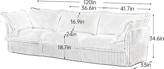 KEIKI 120" Corduroy Sectional Sofa with Big Pillows, White 3 Seat Sleeper Cloud Couch Set, Comfy Upholstered Modular SofaBed for Apartment Living Room, Cream