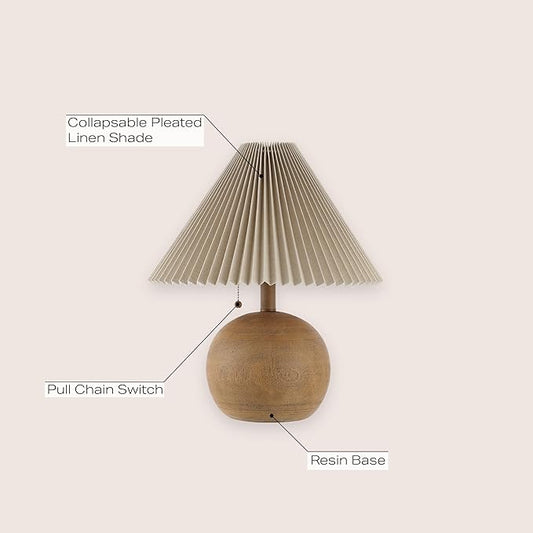 JONATHAN Y 17.25" Brown Wood Finish Sphere Table Lamp, Mid-Century Bedside Nightstand with Beige Pleated Linen Shade, Scandinavian Coastal Style, LED Bulb Included JYL1145A