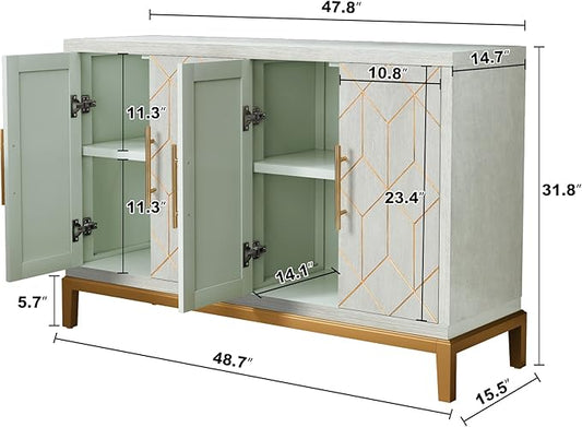 47.8" Accent Storage Cabinet with 4 Doors, Modern Sideboard Buffet Cabinet with Gold Lines, Wood Decorative Credenza with Storage for Living Room, Kitchen, Dining Room, Entryway, Green