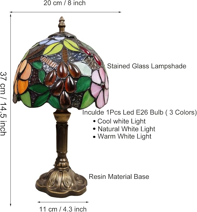 Tiffany Table Lamp,8X8X15Inch Small Antique Rose and Grape Pattern Stained Glass 3 Color Temperatures Bedside Nightstand Table Lamps for Bedroom Living Room Home Office+LED Bulb