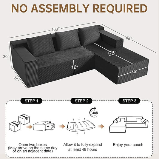 Nigoone 103" Boneless Corduroy Sectional Couch with Left Chaise, Modular L Shaped Couches for Living Room, Large Minimalist Modern Deep Seat Floor Sofa Set, No Assembly