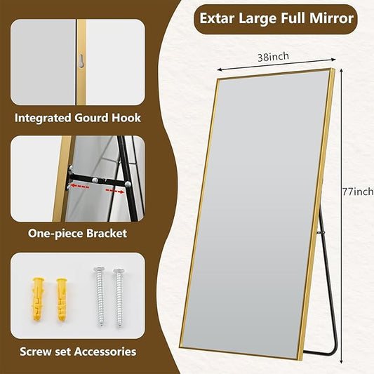 Koonmi 77"x38" Floor Mirror Full Length, Bedroom Floor Body Mirror with Stand, Large Gold Mirror, Leaning, Standing or Hanging Horizontally/Vertically