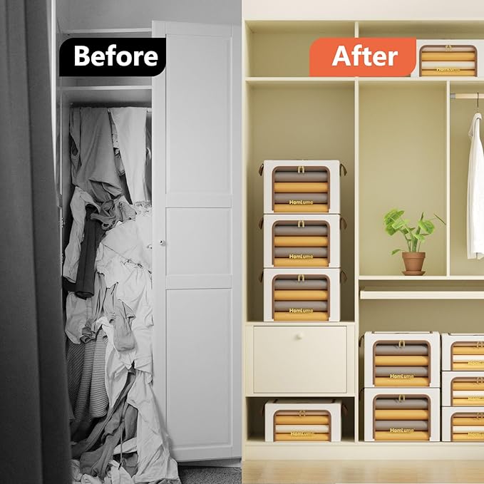 3 Pack Linen Fabric Clothes Storage Bins Collapsible Storage Bins and Storage Boxes for Clothes with Metal Supports (Beige, 36L)