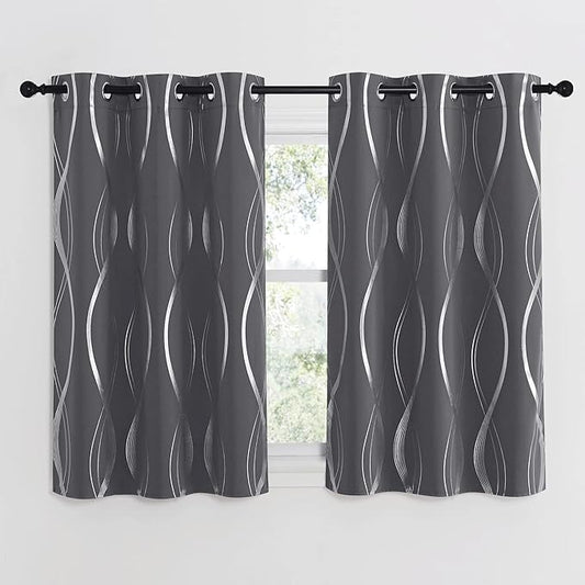 NICETOWN Small Blackout Grey Cafe Curtain Panels, Set of 2, 34 by 45 Inch, Window Treatment Thermal Insulated Solid Grommet Blackout Wave Line Foil Print Design for Kitchen and Loft