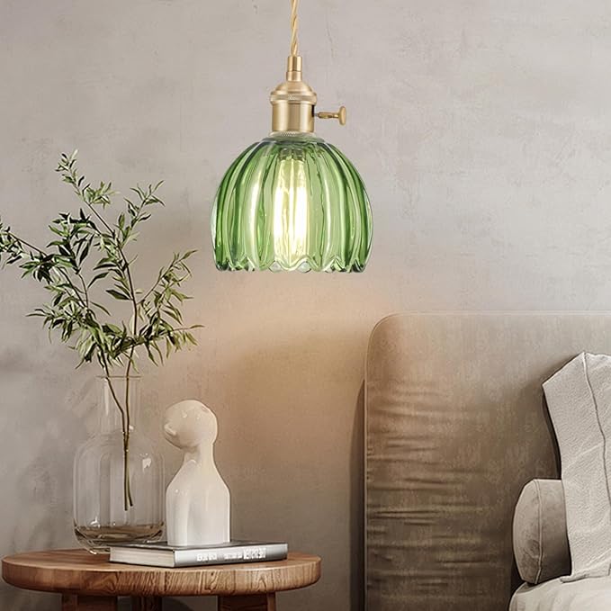 Mini Pendant Lights Kitchen Island 2 Pack, Small Adjustable Pendant Light Fixture with Green Tulip Glass Lampshade, Vintage Gold Pendant Lighting, Pendant Light for Bedroom Dining Room Hallway