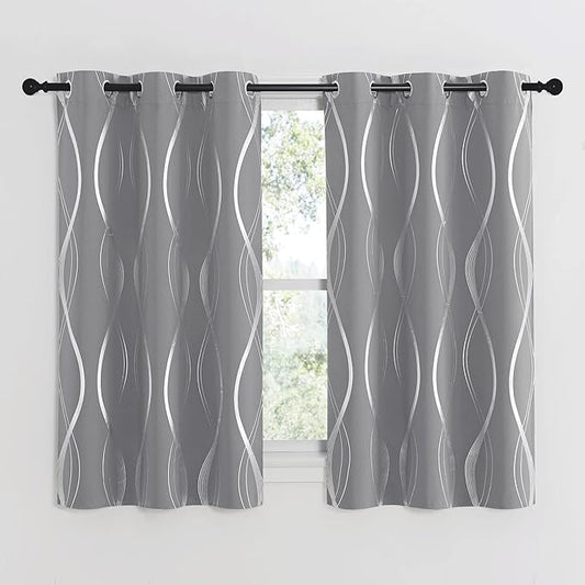 NICETOWN Kitchen Blackout Curtain Panels, Silver Grey, Set of 2, 34 by 54 Inch, Window Treatment Thermal Insulated Solid Grommet Blackout Wave Line Foil Print Design Curtains for Kitchen, Cafe, Loft