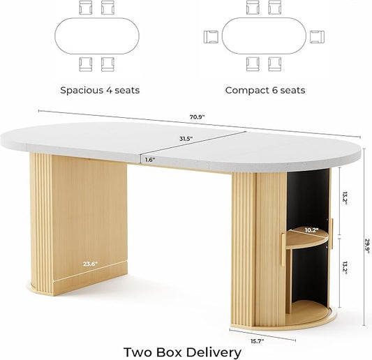 IRONCK 71" Fluted Oval Dining Table for 4-6, Modern Farmhouse Kitchen Table with Storage Shelves, Thickened Gray & White Quartz Top and Sturdy Base for Dining Room or Home Office, Oak