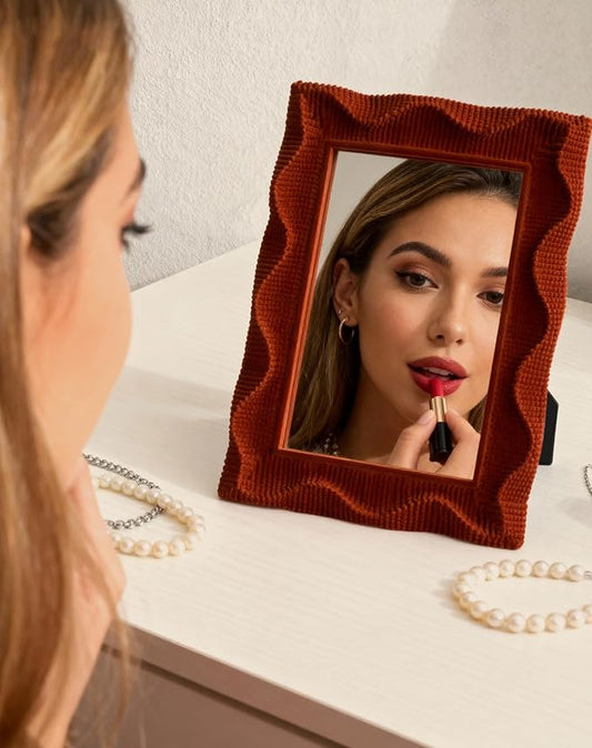 Retro Wall Mirror Decor for Bedroom Guest Room, 9.5x7.5 Squiggly Decorative Vanity Mirror for Dresser Office Desk Art Gallery Wall Decoration, Trendy Gift for Anniversary Thanksgiving (Maroon)