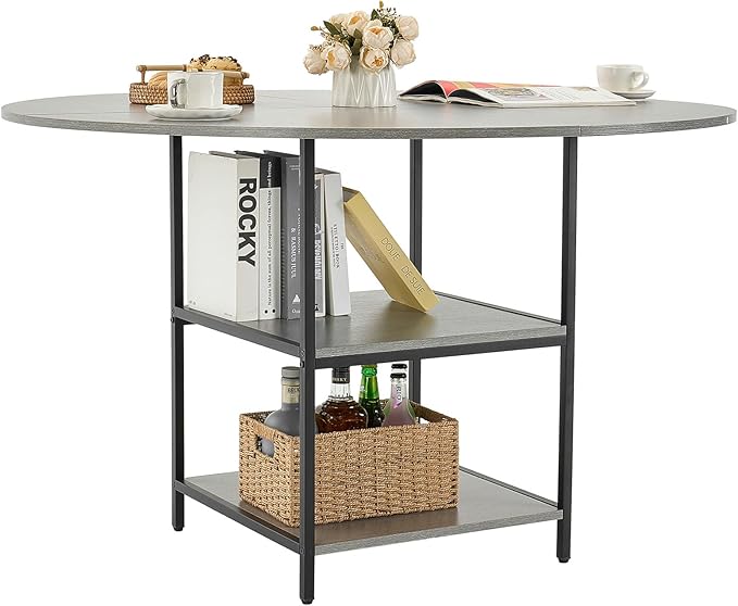 VEVOR Round Dining Table, 47 inch Wood Table for 4-6 Person, Modern Circle Dinner Furniture, Leisure Tables with Storage Shelf and Metal Legs, for Home Kitchen Living Room, Grey (Only Table)
