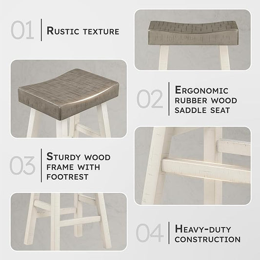 Lexicon Bar Height Bar Stools Set of 2 - Solid Wood Pub Chairs with Footrest, Armless Kitchen Chairs for Island, Living Room, Breakfast Nook, Sturdy, Transitional 30.5" High - White/Coffee