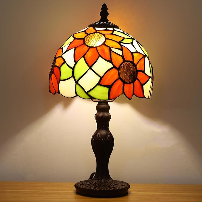 Tiffany Table Lamp,3 Color-Temperature Sunflower Stained Glass Lamp,8X8X15 Inch Small Accent Antique Nightstand Bedside Table Lamps for Bedroom Living Room Home Office Light +LED Bulb
