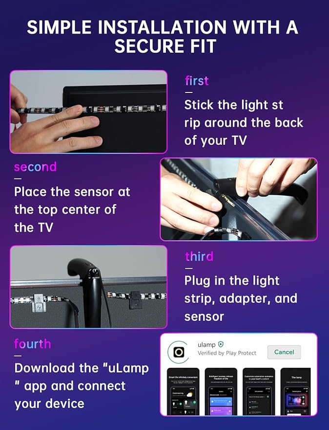 TV LED Backlight with Sensor, 14.7ft Cuttable RGB Strip Lights for 55-65 Inch Screen & PC Monitor, Smart App Control, Game and Music Sync Color that Changing