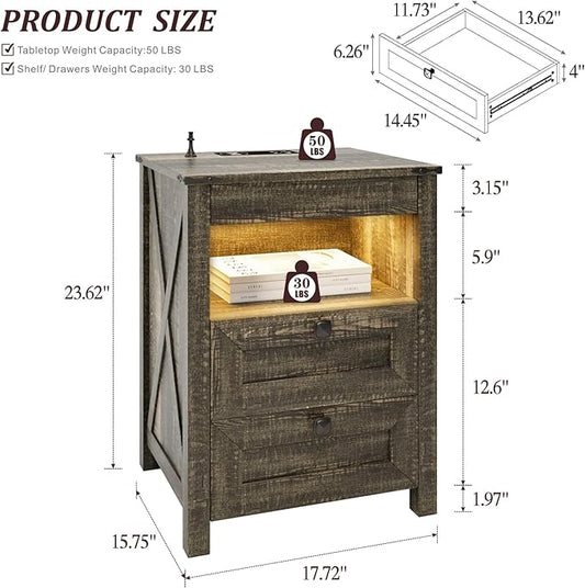 Farmhouse Nightstand with Gun Drawer, Bedside Table with Charging Station, Gun Night Stand with LED Light & Human Sensor, Smart End Table for Bedroom, Rustic Brown