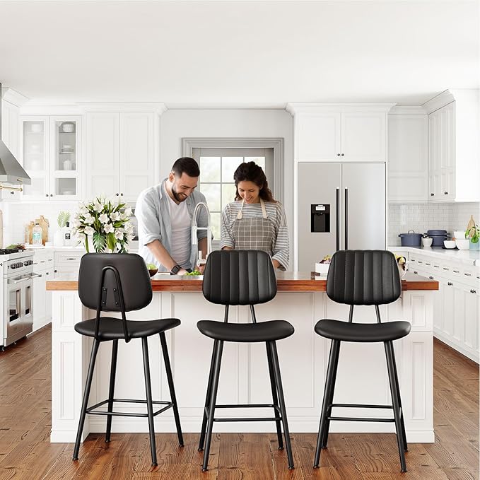 24-Inch Leather Bar Stools Set of 2, Counter Height Barstools with High Backrest,Bar Chairs for Kitchen Island with Heavy Duty Metal Legs, Black