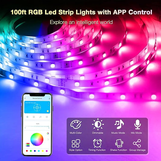 DAYBETTER Led Lights for Bedroom 100 ft, Led Strip Lights, Led Light Strips with Remote and App Control, Music Sync RGB Color Changing Led Lights for Room Decoration
